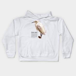 Snowy egret tropical bird black text Kids Hoodie